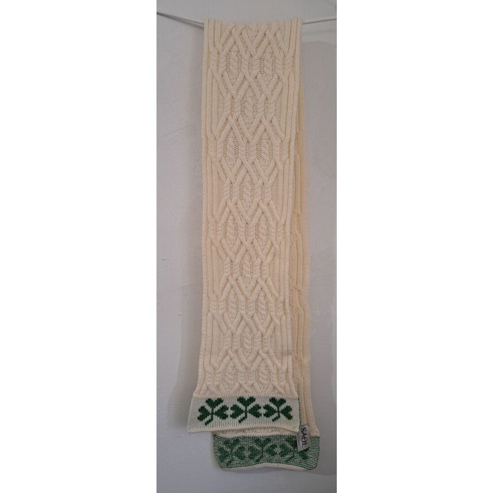 SAOL Ireland Womens Shamrock green Cable Knit  100% Wool long Ivory cream